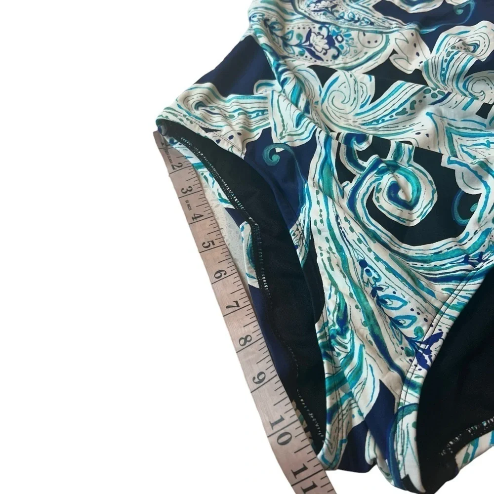Swim Solution One Shoulder Navy Paisley One Piece Swimsuit Tummy Enhancer - Picture 7 of 15